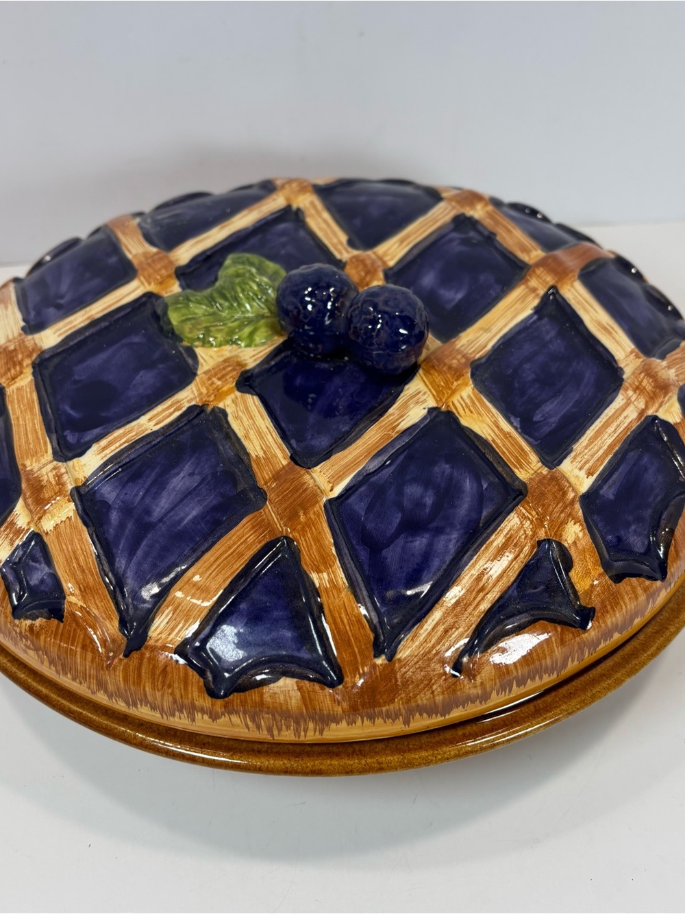 Vintage Ceramic 11” Blueberry Pie Recipe Plate W/Lid- Made In Portugal- Cottage